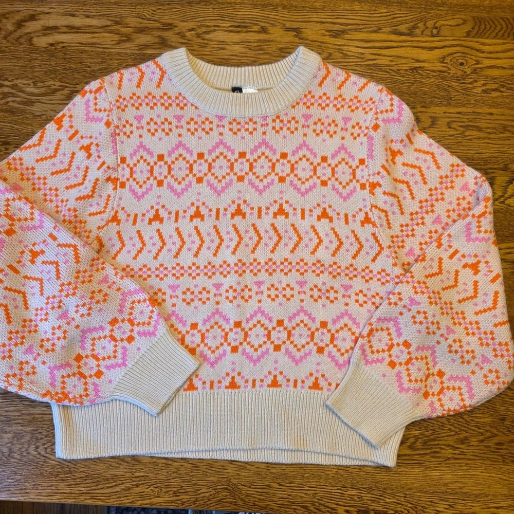 HM Divided Womens M Fair Isle Sweater Pink Orange‎ Geometric Nordic Preppy Cozy
